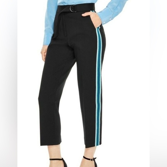 Sandro Paris FR 36 Small Cosmos Sport Cropped Pants Black Blue Striped Belted - Picture 1 of 12